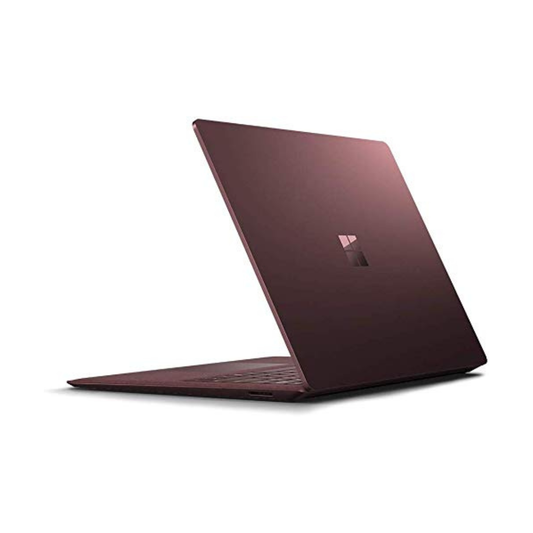 Microsoft Surface Laptop 2 in burgundy with 13.5-inch touchscreen, i7 processor, 16GB RAM, and 512GB SSD, open showing keyboard and screen.