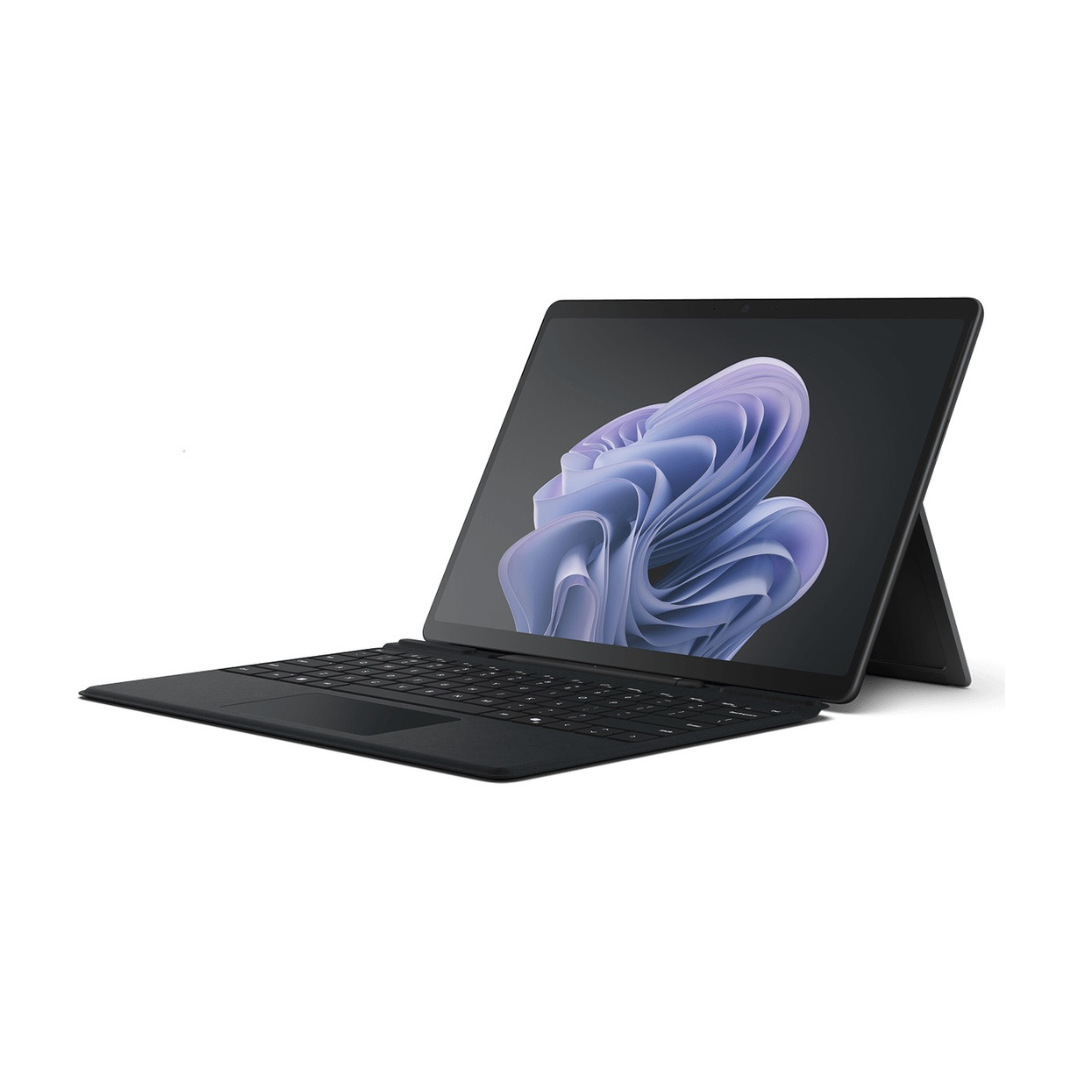 Microsoft Surface Pro X SQ2 13-inch touchscreen laptop with black keyboard, 16GB RAM and 512GB SSD, 2-in-1 design.