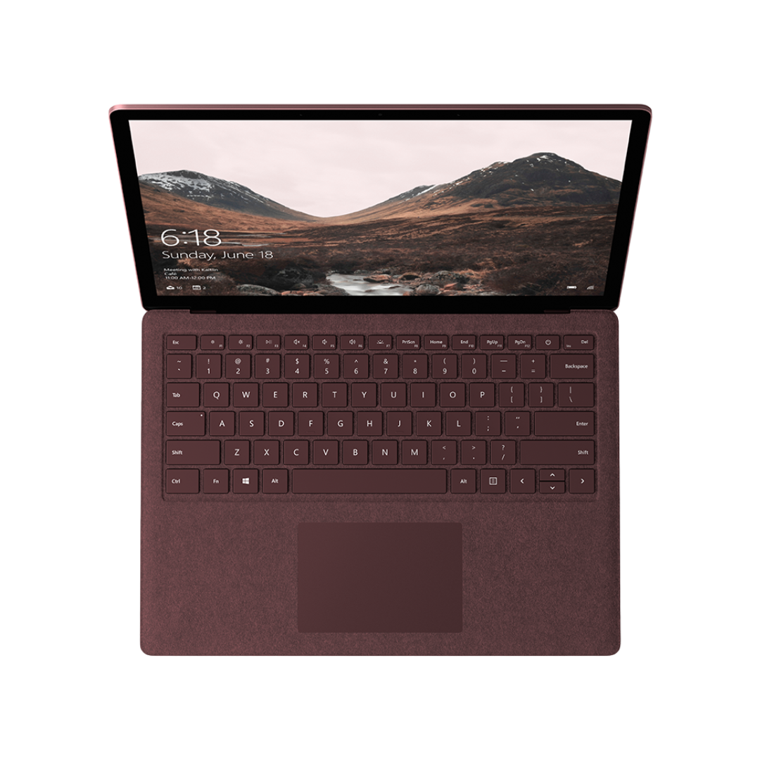 Microsoft Surface Laptop 2 with i7 processor, 16GB RAM, 512GB SSD, 13.5-inch touchscreen in burgundy color.