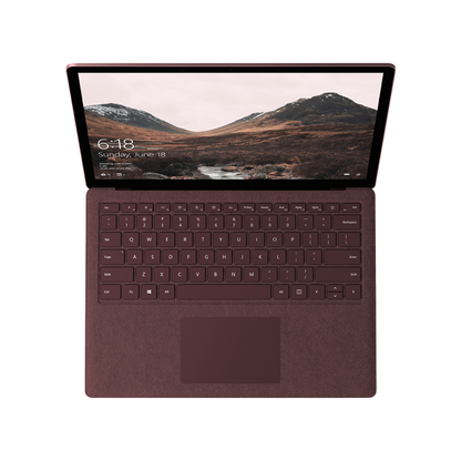 Microsoft Surface Laptop 2 with i7 processor, 16GB RAM, 512GB SSD, 13.5-inch touchscreen in burgundy color.