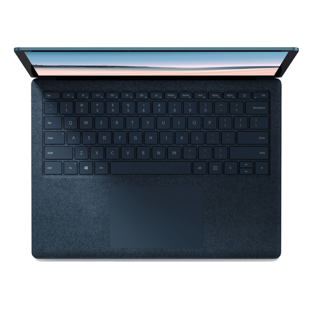 Microsoft Surface Laptop 3 in Cobalt Blue with 13.5-inch touchscreen, i7 processor, 16GB RAM, and 512GB SSD.