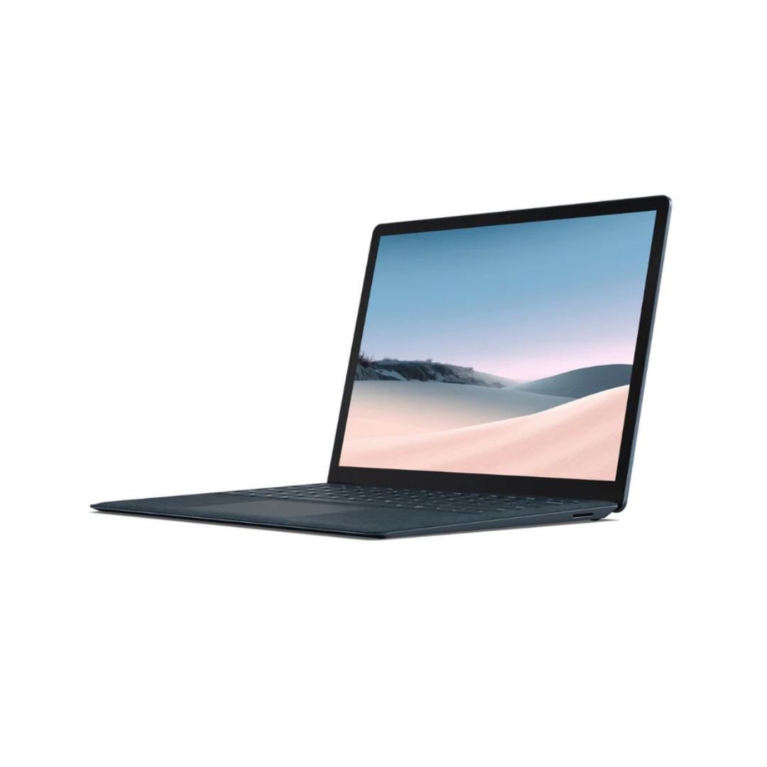 Microsoft Surface Laptop 3 in cobalt blue with 13.5-inch touchscreen, Intel i7 processor, 16GB RAM, and 512GB SSD.