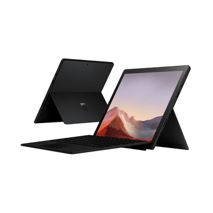 Microsoft Surface Pro 7+ laptop with 12.3-inch touchscreen, Intel Core i7, 16GB RAM, 256GB SSD, showing the device on a surface.