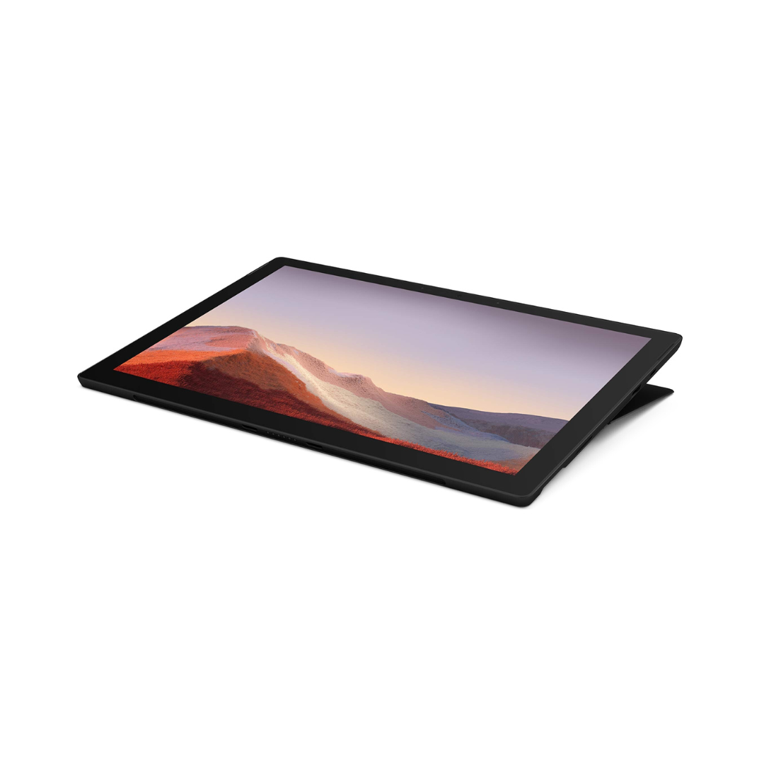 Microsoft Surface Pro 7+ laptop with 12.3-inch touchscreen, Intel Core i7, 16GB RAM, and 256GB SSD, shown from a front angle.